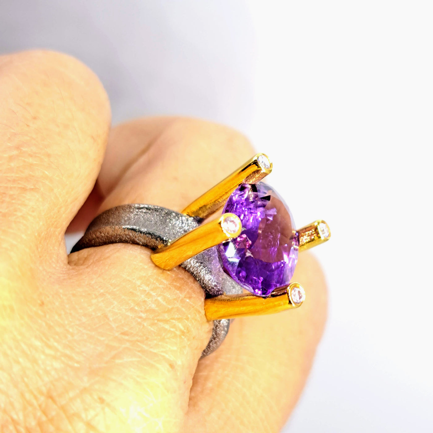 "High & Mighty" Sz 8 Ring - Amethyst, Zircon Stone, Oxidized & 18k Gold Sterling