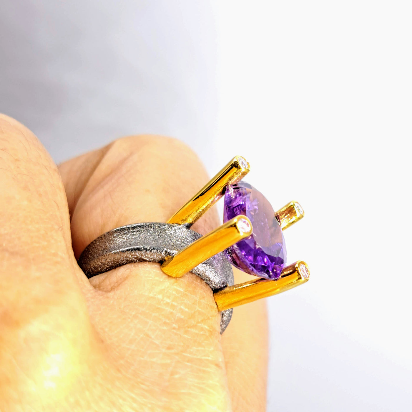 "High & Mighty" Sz 8 Ring - Amethyst, Zircon Stone, Oxidized & 18k Gold Sterling