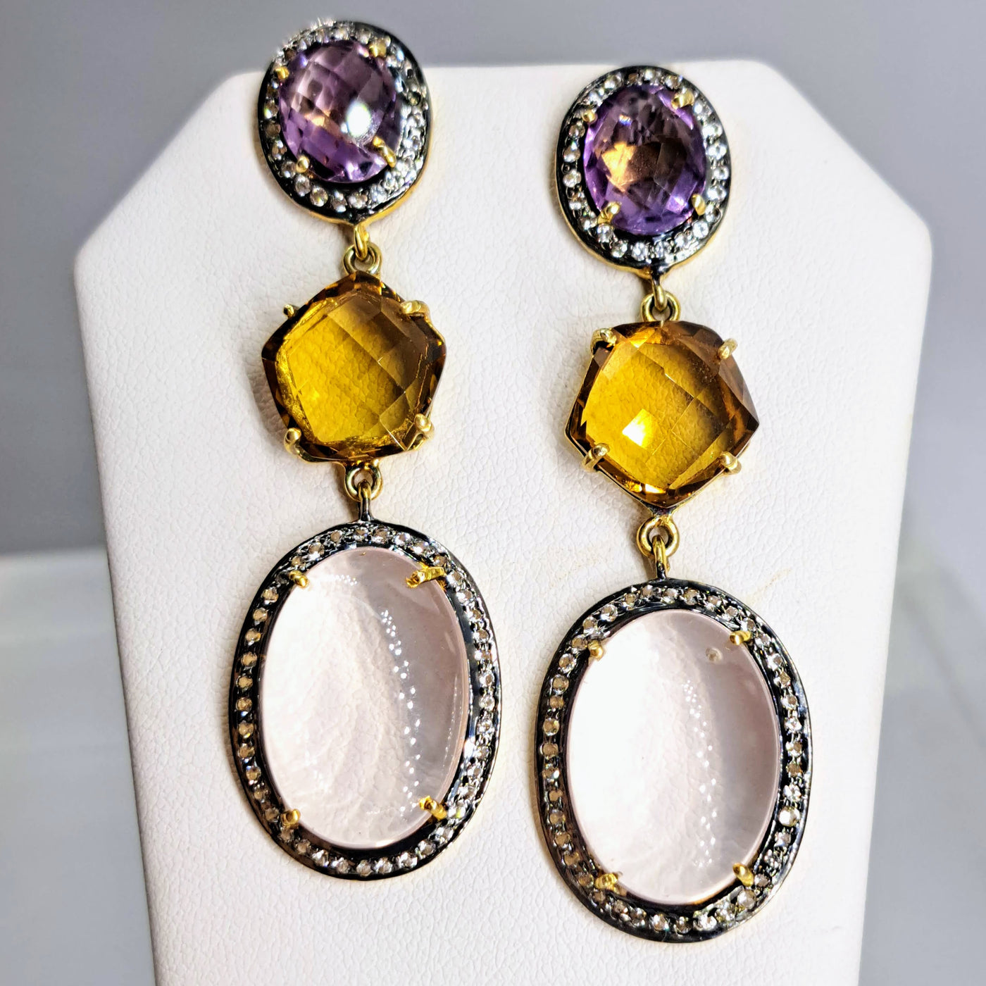 "Dusky Springfield" 2.5" Earrings - Amethyst, Citrine, Chalcedony, Topaz, Sterling, 18k Gold