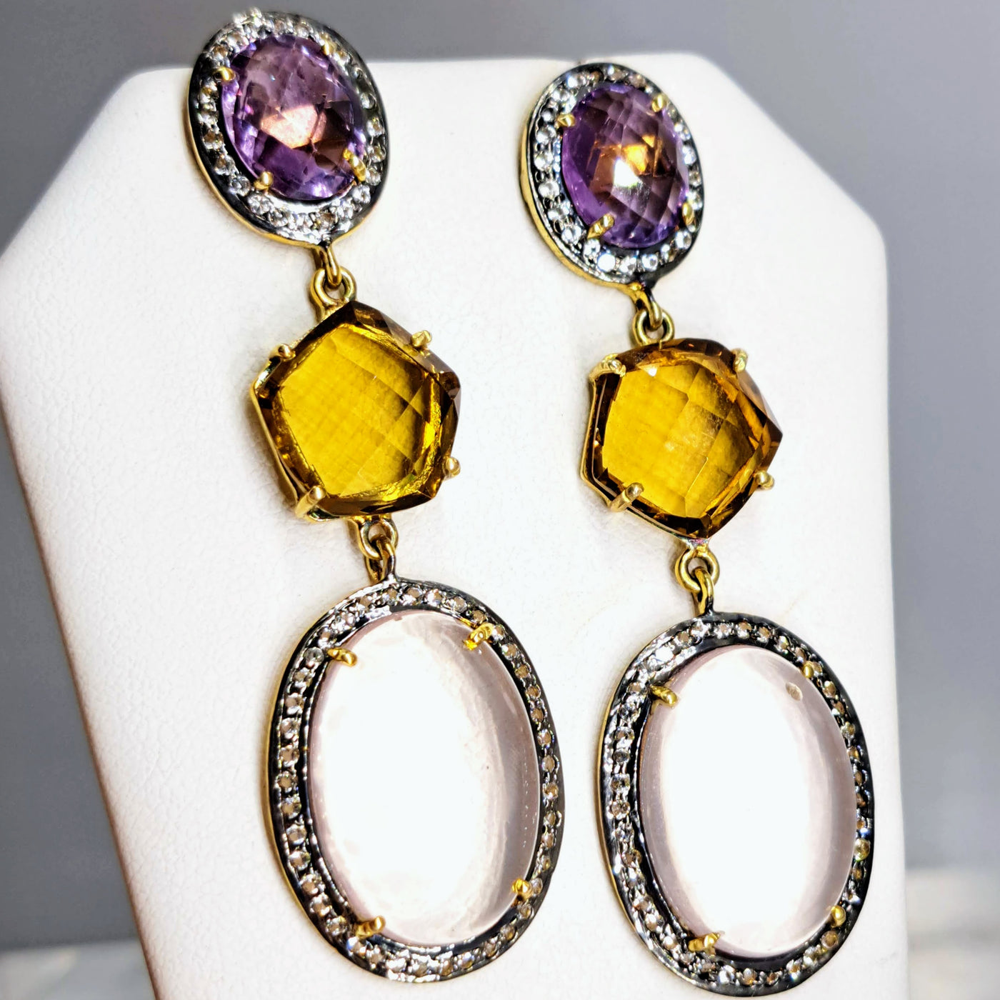 "Dusky Springfield" 2.5" Earrings - Amethyst, Citrine, Chalcedony, Topaz, Sterling, 18k Gold