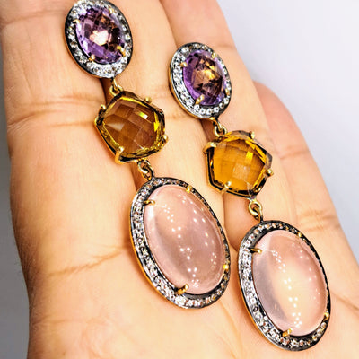 "Dusky Springfield" 2.5" Earrings - Amethyst, Citrine, Chalcedony, Topaz, Sterling, 18k Gold