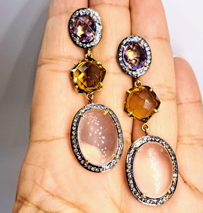 "Dusky Springfield" 2.5" Earrings - Amethyst, Citrine, Chalcedony, Topaz, Sterling, 18k Gold