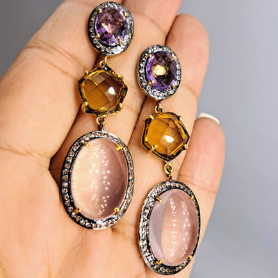 "Dusky Springfield" 2.5" Earrings - Amethyst, Citrine, Chalcedony, Topaz, Sterling, 18k Gold