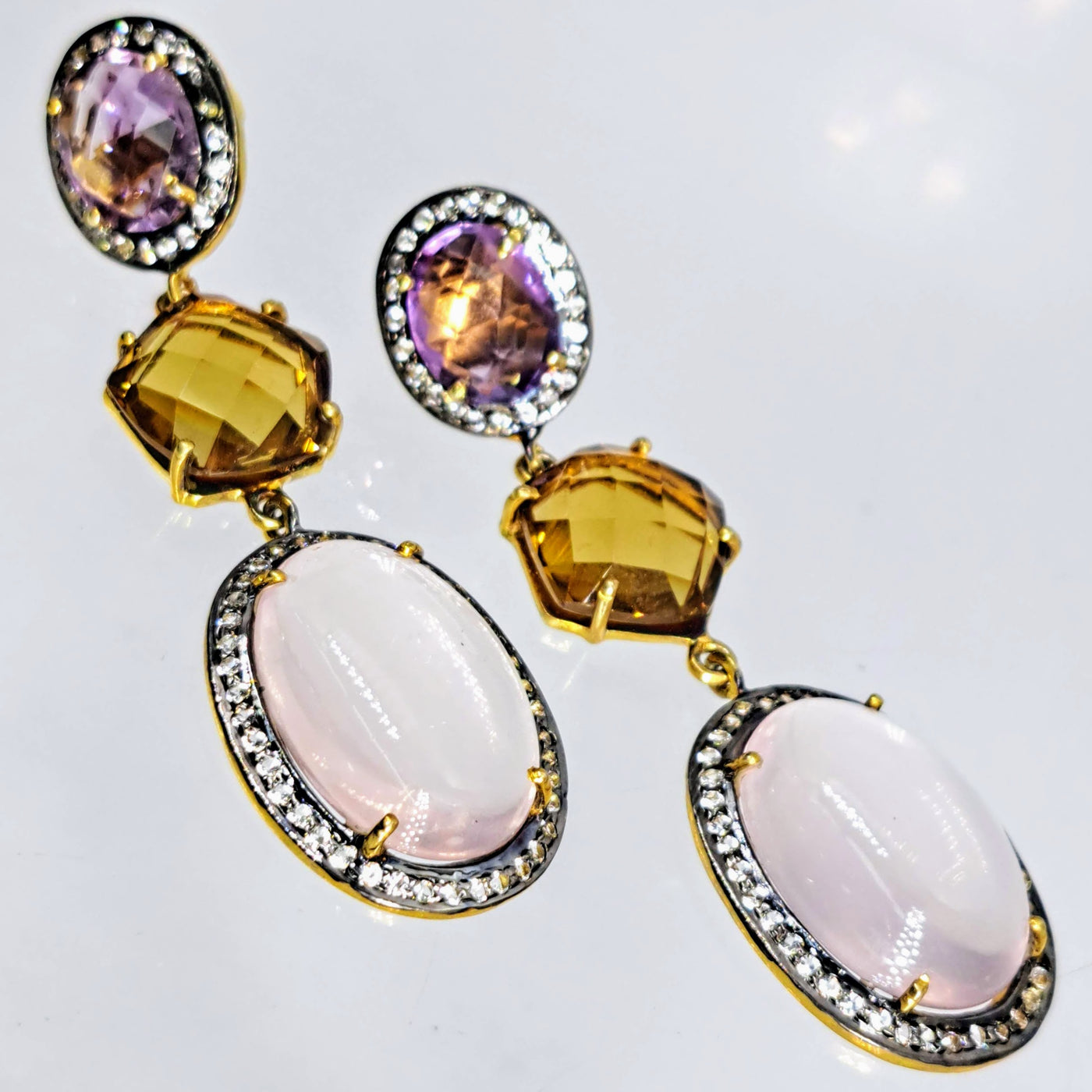 "Dusky Springfield" 2.5" Earrings - Amethyst, Citrine, Chalcedony, Topaz, Sterling, 18k Gold