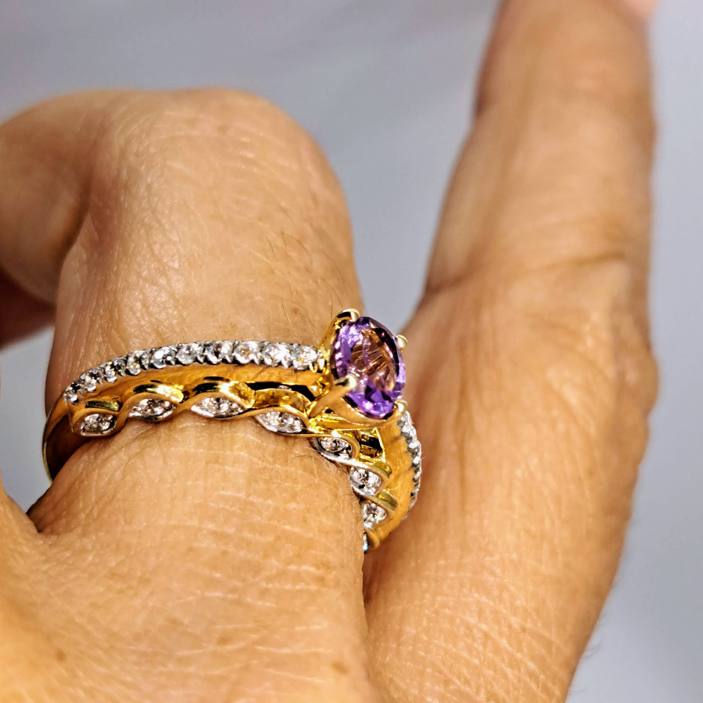 "Very Engaging!" Sz 7 Ring - Amethyst, Zircon Stone, Anti-tarnish 18k Gold Sterling