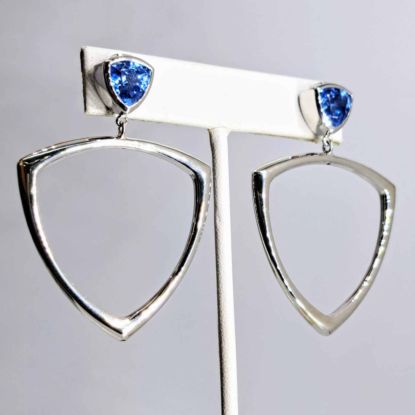 "Reuleaux Over" 2.25" Earrings - Tanzanite, Anti-tarnish Sterling, Ruby Acccents