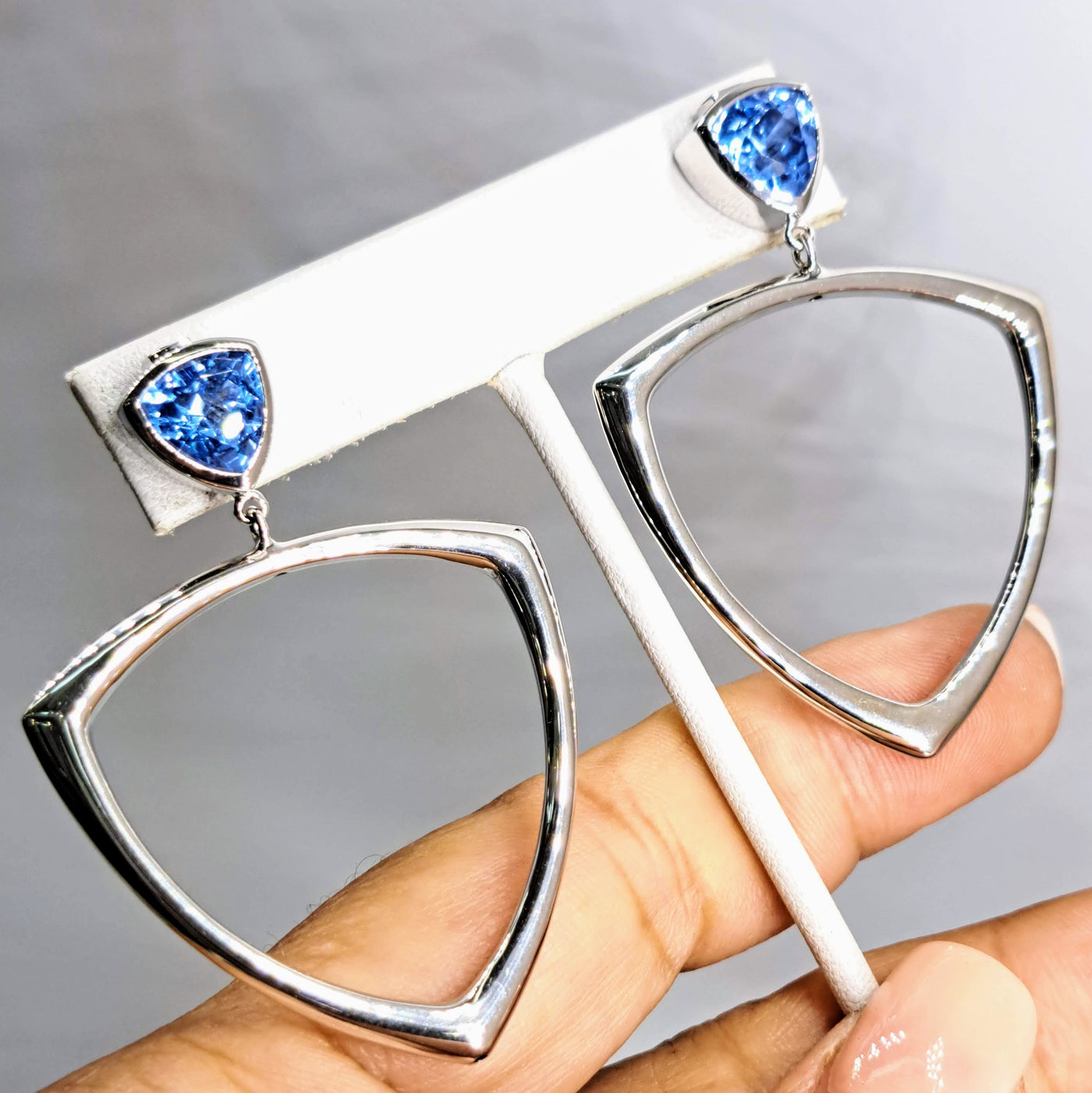 "Reuleaux Over" 2.25" Earrings - Tanzanite, Anti-tarnish Sterling, Ruby Acccents