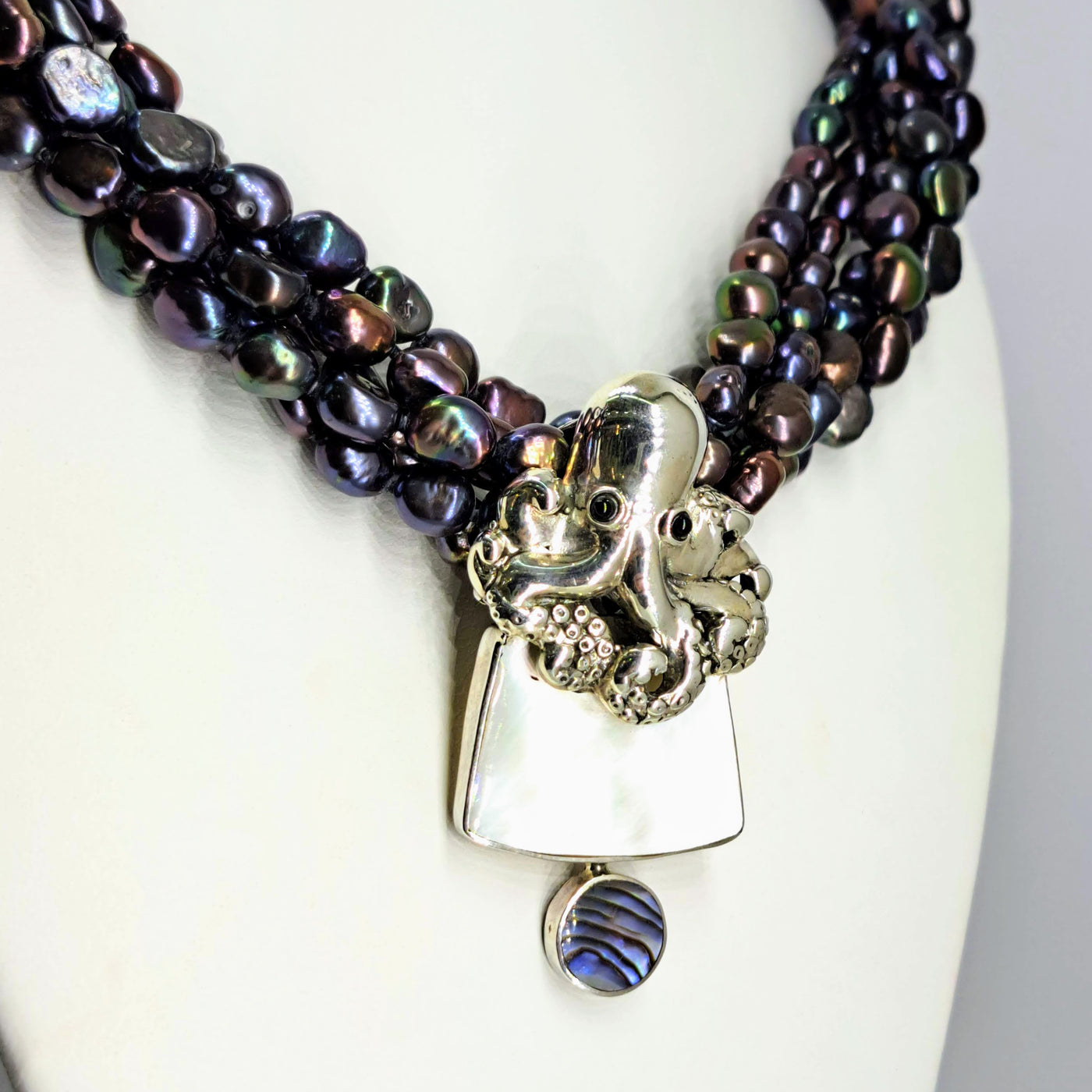 "Smooth Operator" Pendant Necklace - Paua Shell, Mother Of Pearl, Onyx, Sterling, Pearls