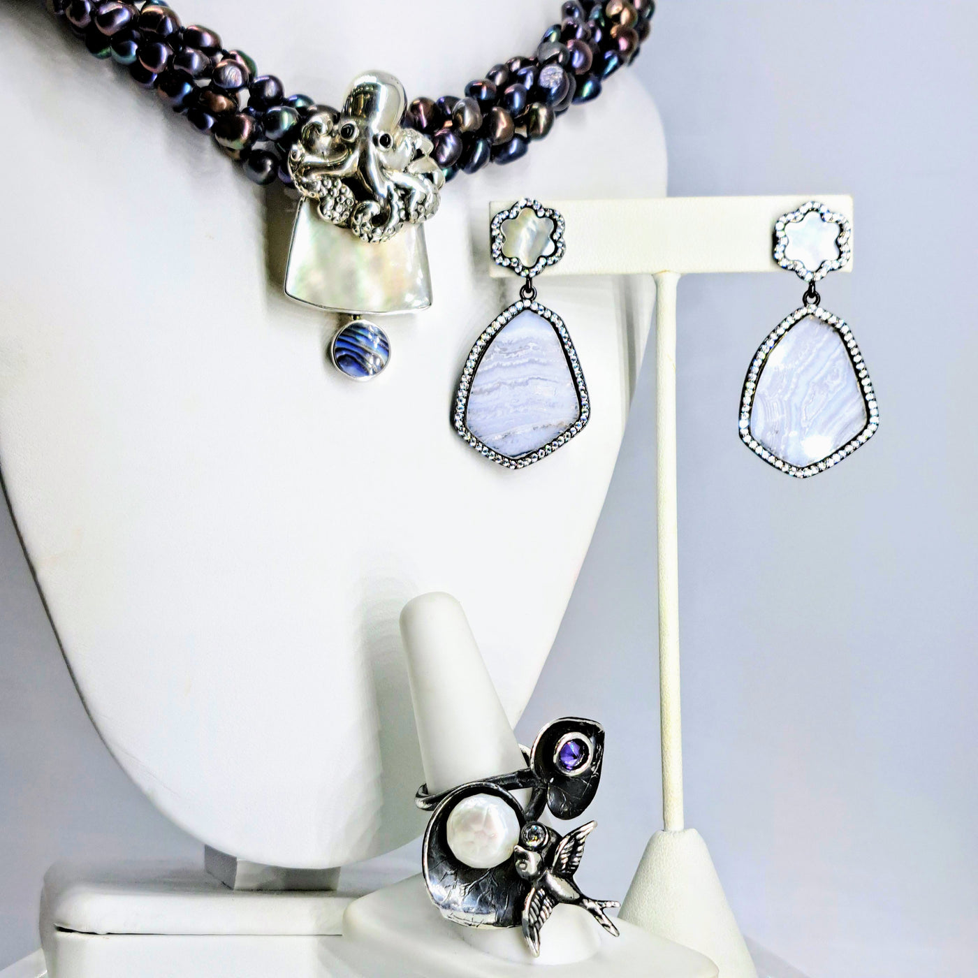 "Chantilly Lace" 2" Earrings - Agate, Mother Of Pearls, Crystal Black Sterling