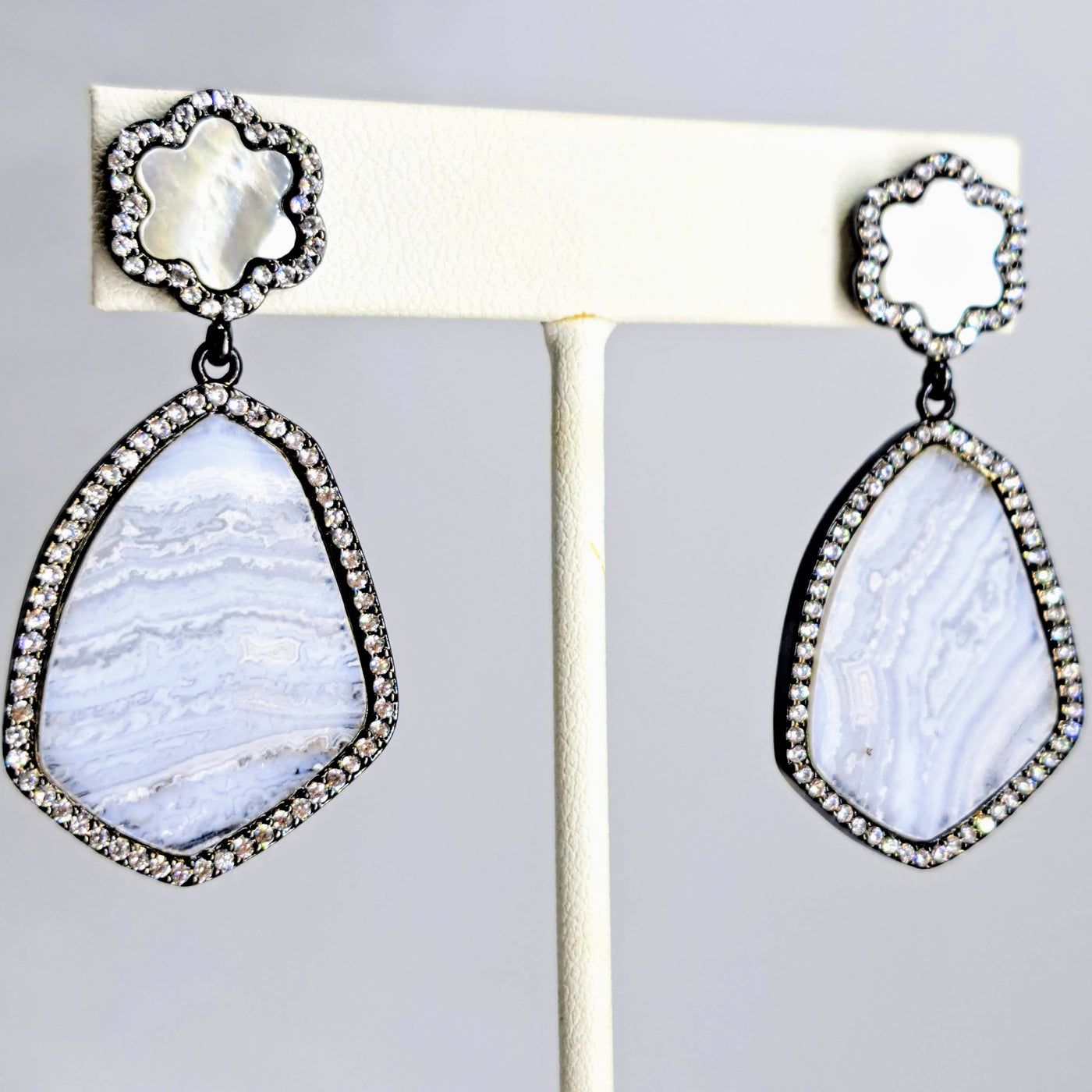 "Chantilly Lace" 2" Earrings - Agate, Mother Of Pearls, Crystal Black Sterling