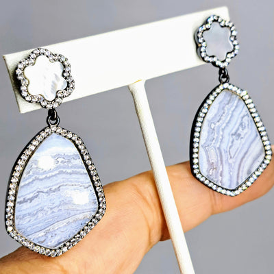 "Chantilly Lace" 2" Earrings - Agate, Mother Of Pearls, Crystal Black Sterling