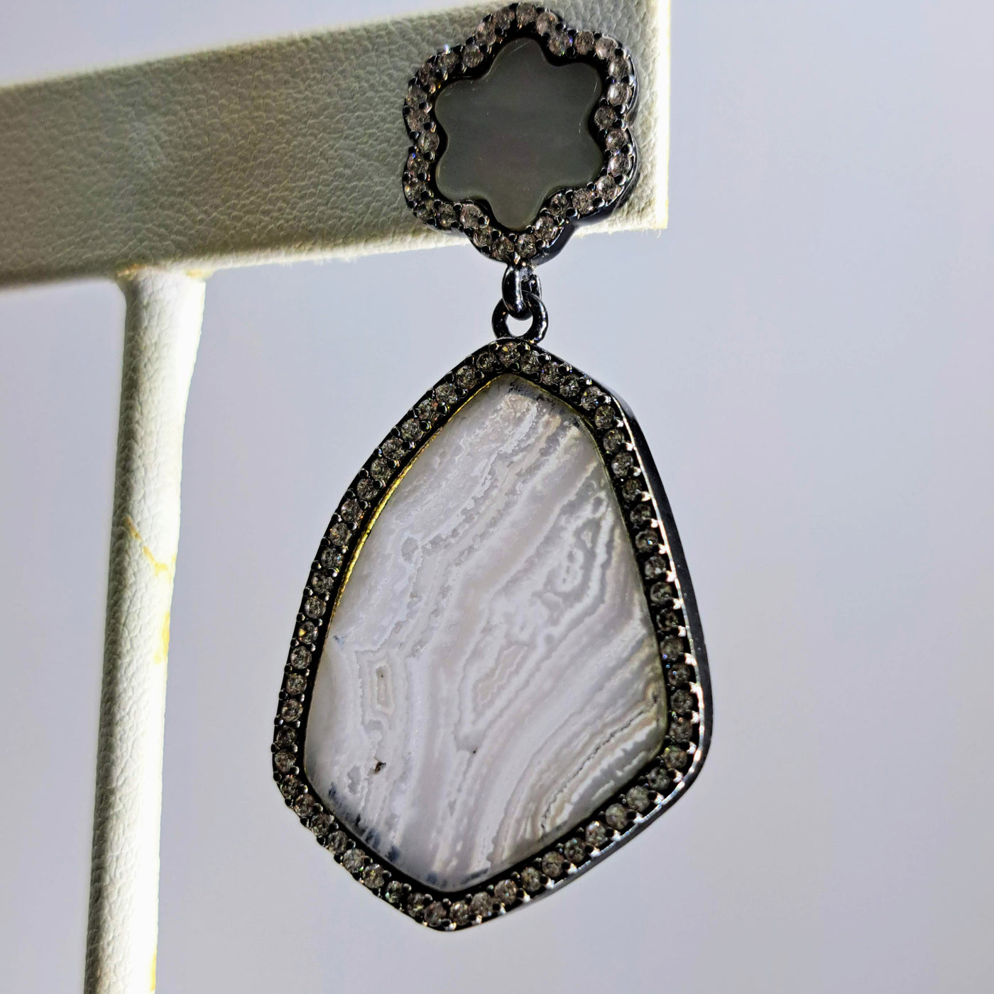 "Chantilly Lace" 2" Earrings - Agate, Mother Of Pearls, Crystal Black Sterling