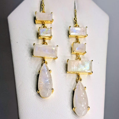 "Moon Babies" 2.5" Earrings - Moonstone, 18K Gold Sterling