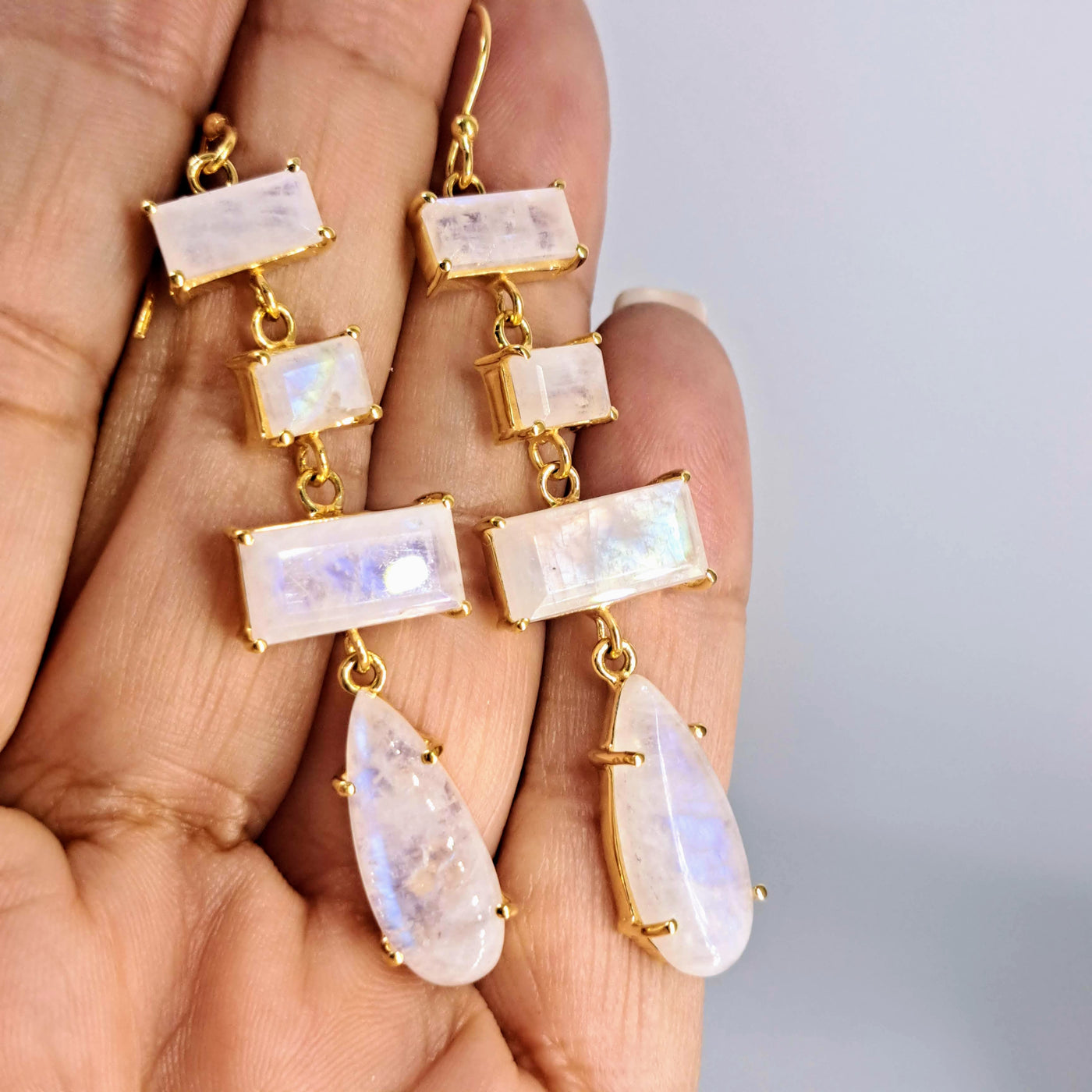 "Moon Babies" 2.5" Earrings - Moonstone, 18K Gold Sterling