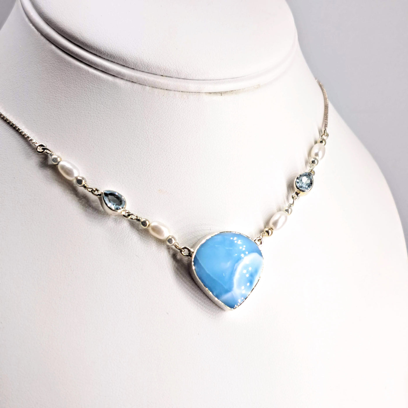 "Song-Song Blue" Adj. 15" - 19" Necklace -  Larimar, Topaz, Pearl, Sterling