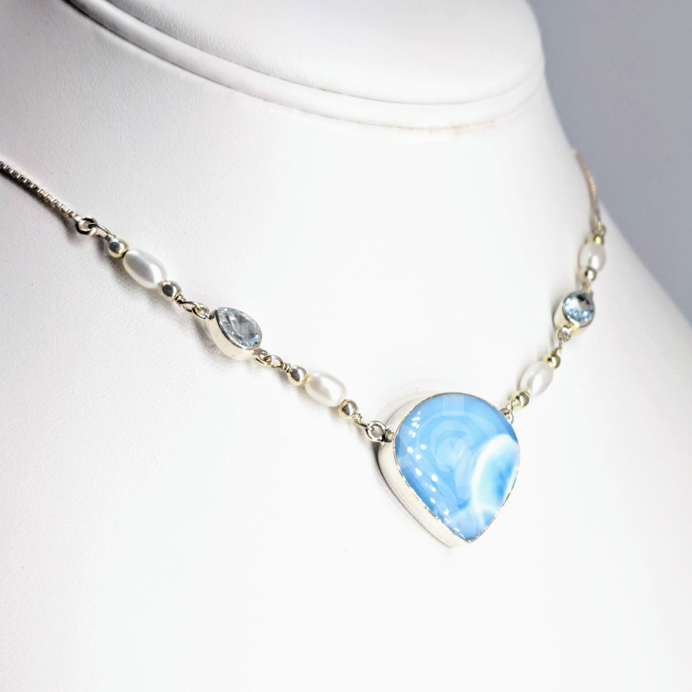 "Song-Song Blue" Adj. 15" - 19" Necklace -  Larimar, Topaz, Pearl, Sterling