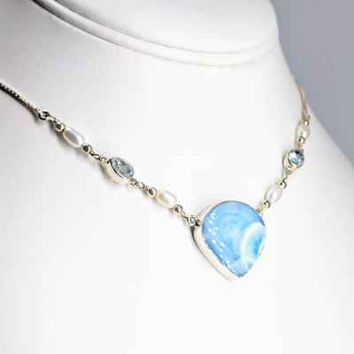 "Song-Song Blue" Adj. 15" - 19" Necklace -  Larimar, Topaz, Pearl, Sterling