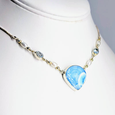 "Song-Song Blue" Adj. 15" - 19" Necklace -  Larimar, Topaz, Pearl, Sterling