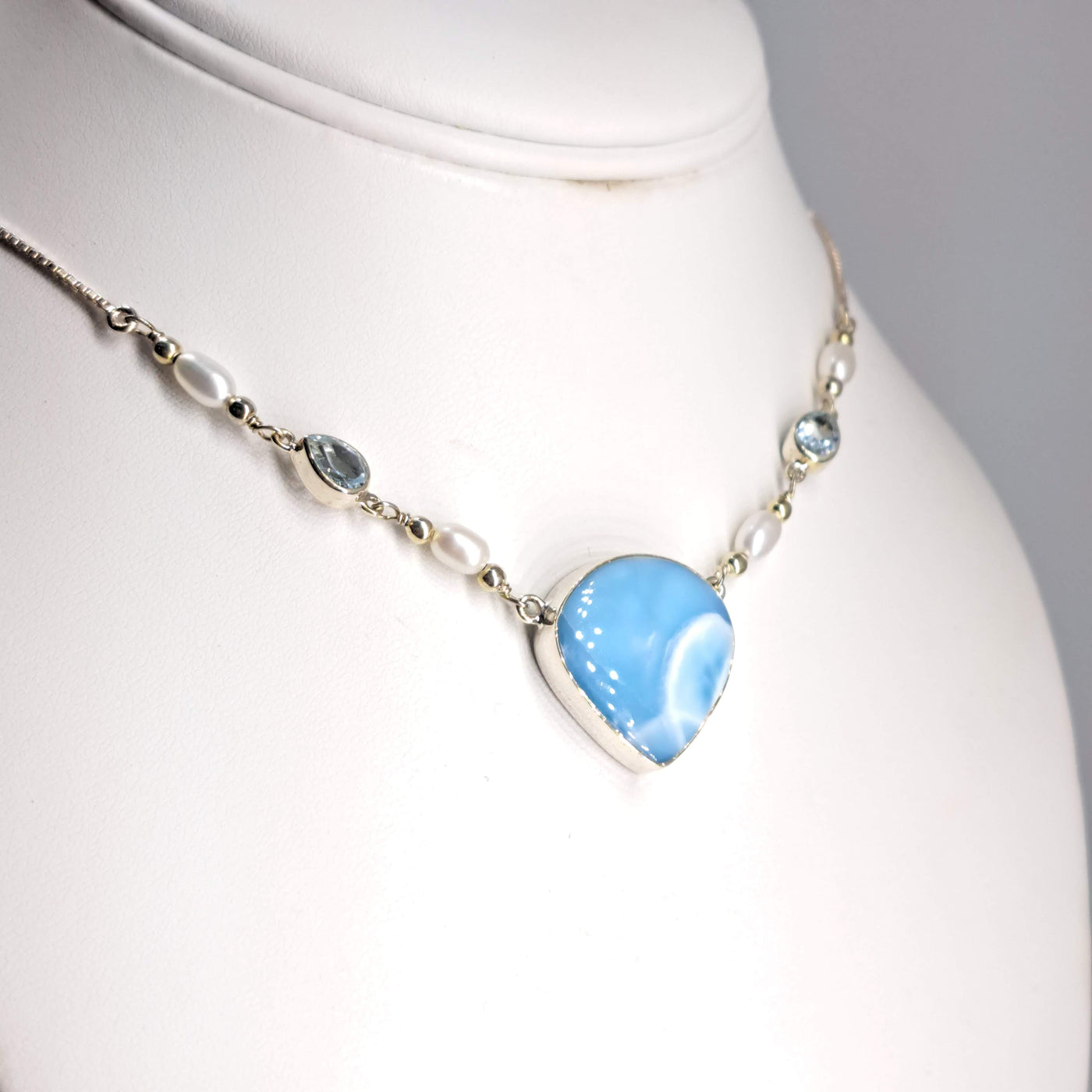 "Song-Song Blue" Adj. 15" - 19" Necklace -  Larimar, Topaz, Pearl, Sterling