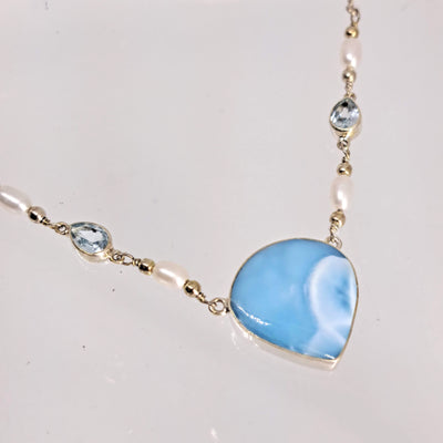 "Song-Song Blue" Adj. 15" - 19" Necklace -  Larimar, Topaz, Pearl, Sterling