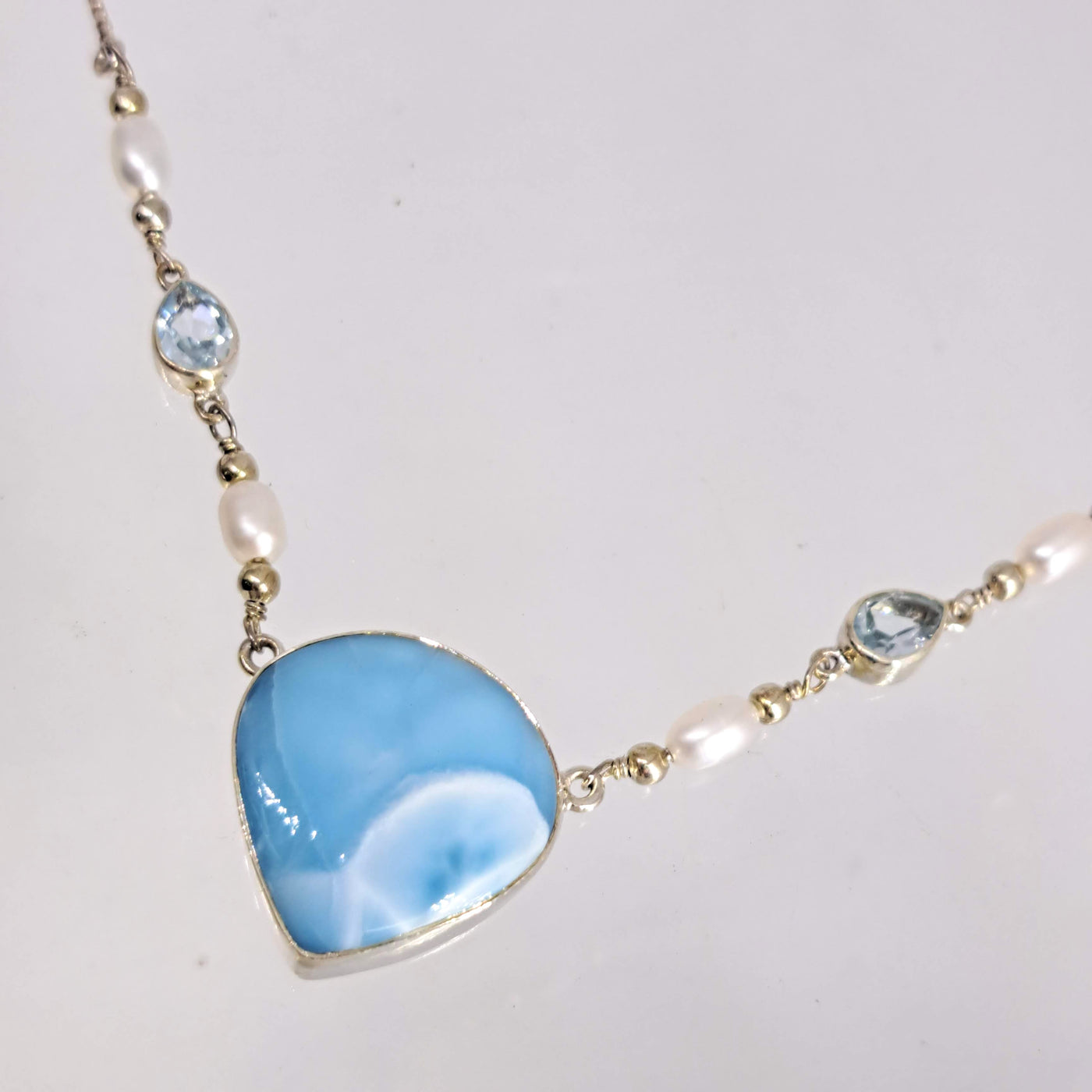 "Song-Song Blue" Adj. 15" - 19" Necklace -  Larimar, Topaz, Pearl, Sterling