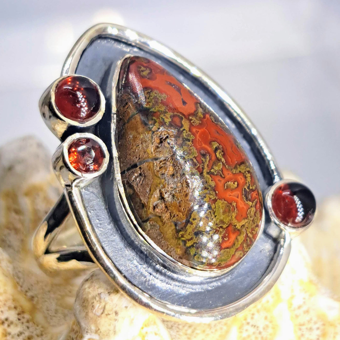 "Crazy Lady" Sz 7 Ring - Crazy Lace Agate, Garnet, Sterling