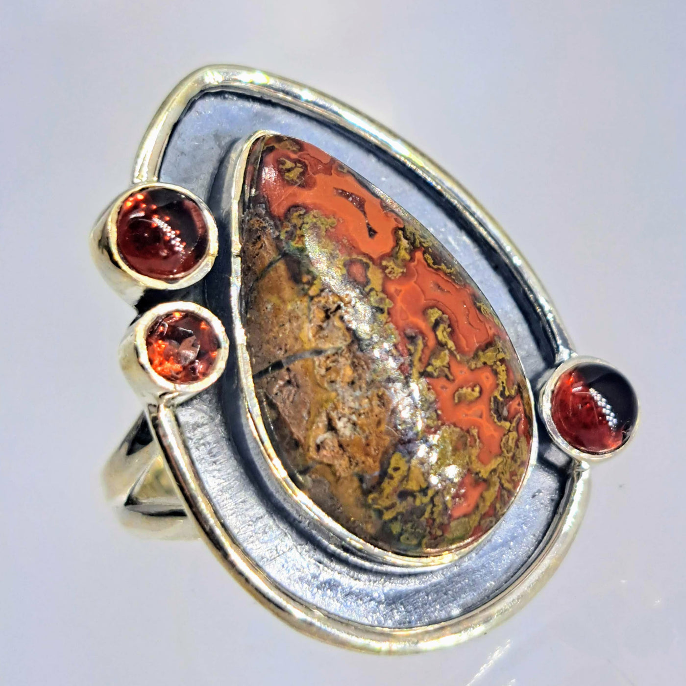 "Crazy Lady" Sz 7 Ring - Crazy Lace Agate, Garnet, Sterling