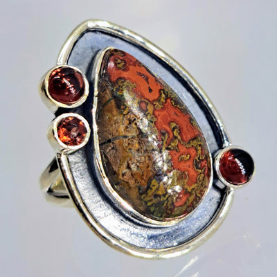 "Crazy Lady" Sz 7 Ring - Crazy Lace Agate, Garnet, Sterling