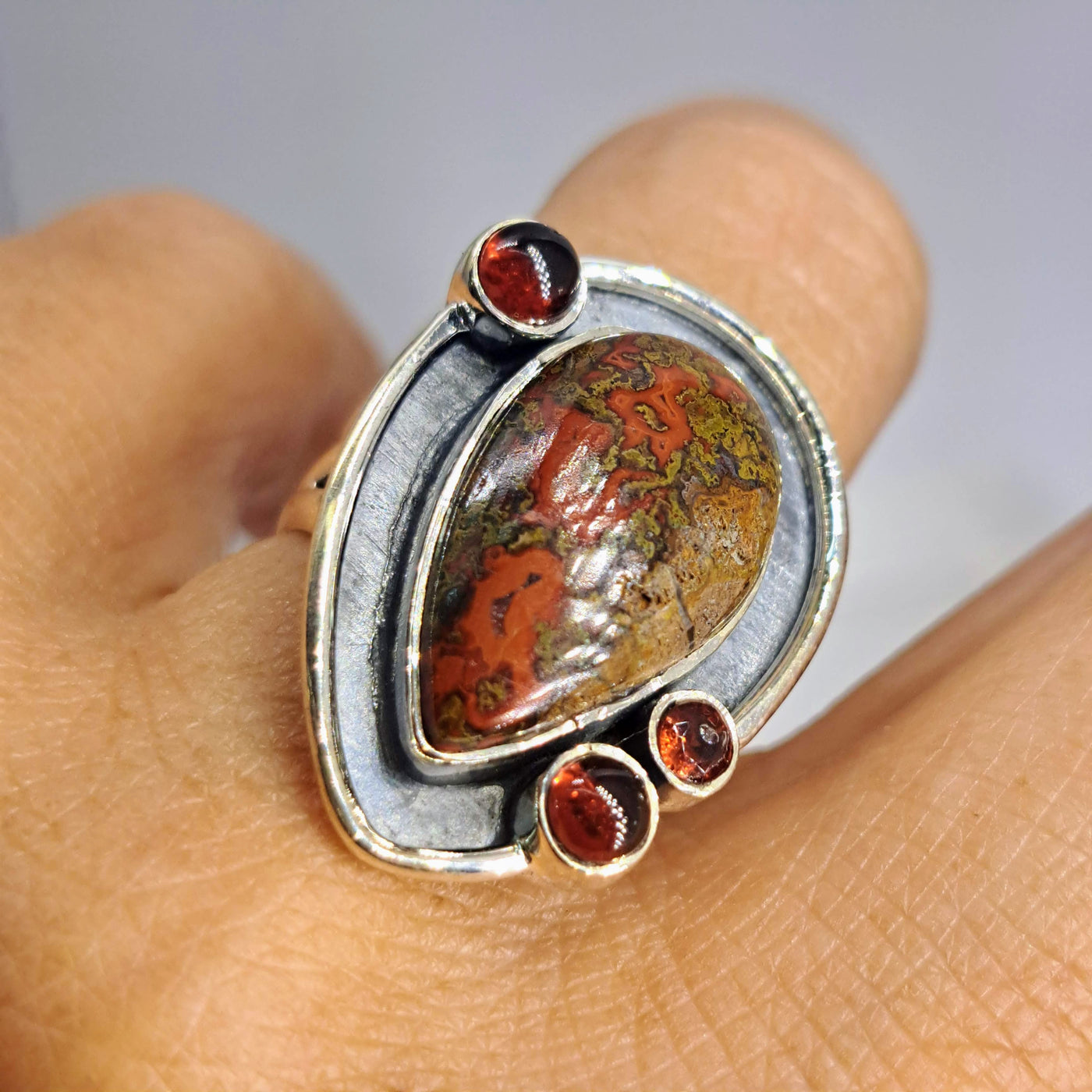 "Crazy Lady" Sz 7 Ring - Crazy Lace Agate, Garnet, Sterling