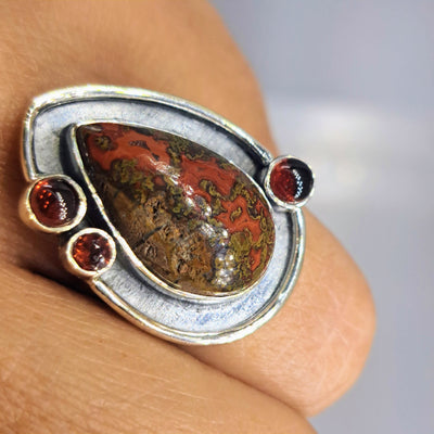 "Crazy Lady" Sz 7 Ring - Crazy Lace Agate, Garnet, Sterling