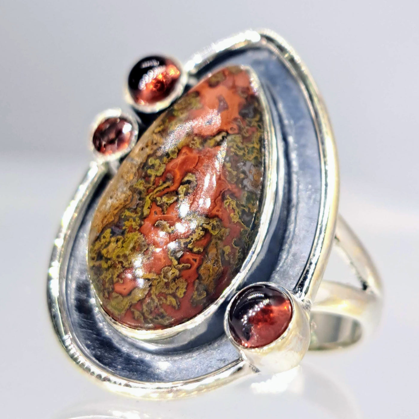 "Crazy Lady" Sz 7 Ring - Crazy Lace Agate, Garnet, Sterling