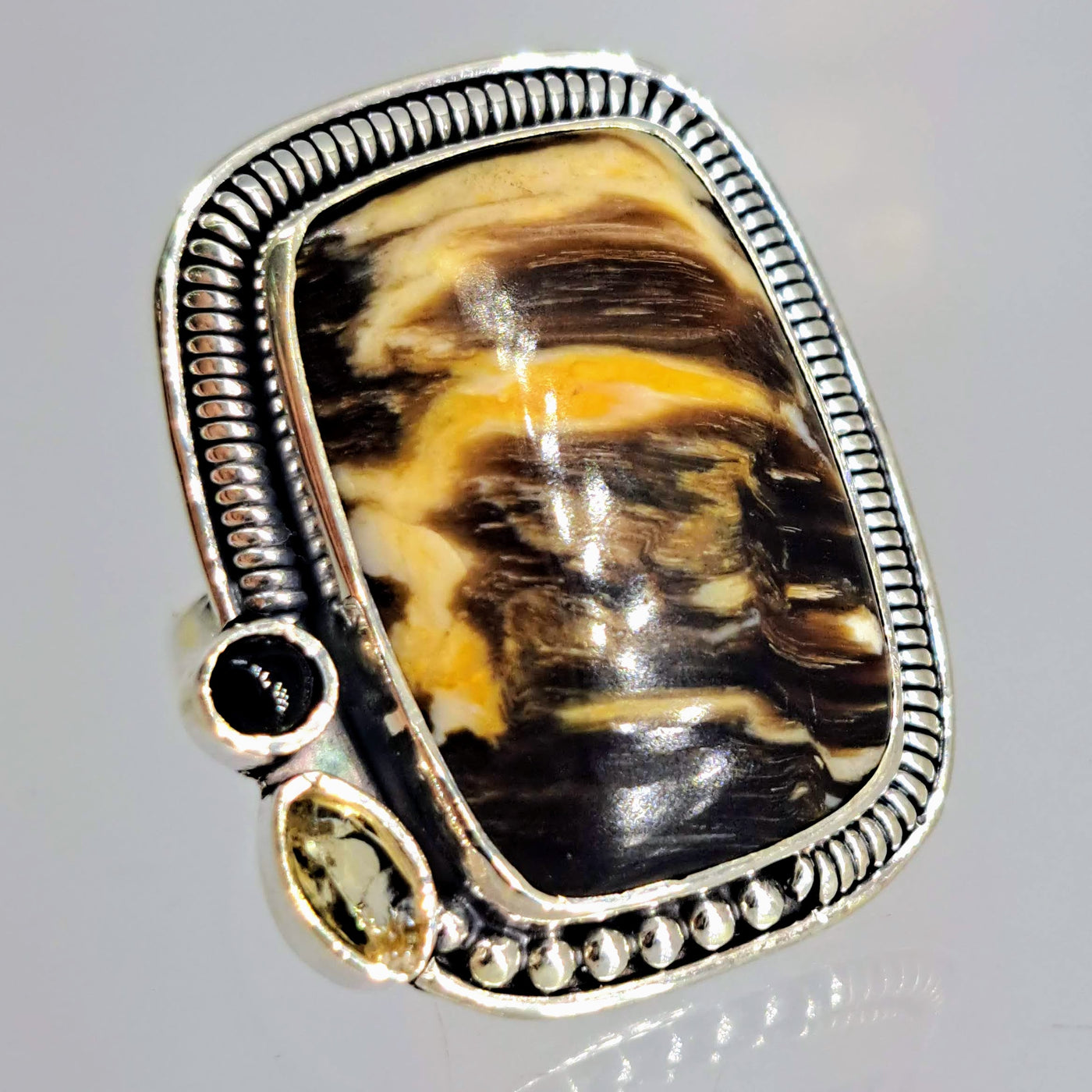 "Peanut Butter Cup" Sz 7 Ring - Petrified Palm Wood, Citrine, Onyx, Sterling