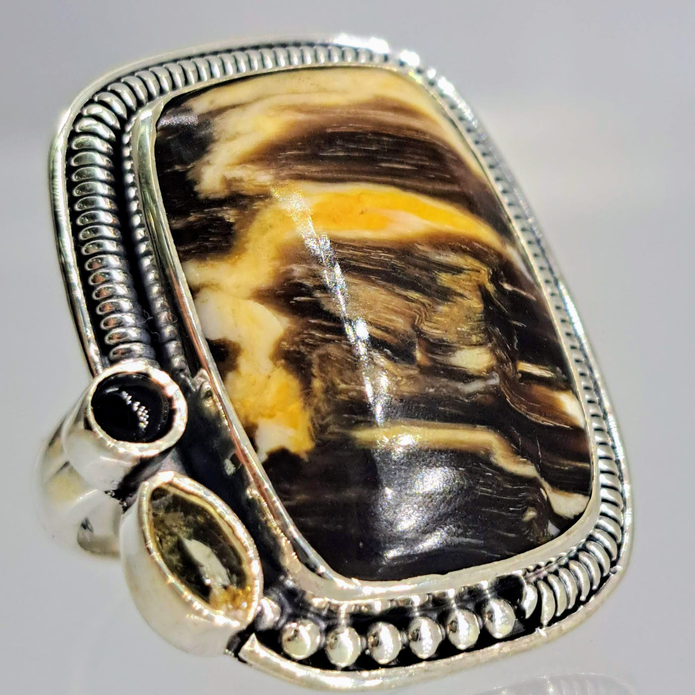 "Peanut Butter Cup" Sz 7 Ring - Petrified Palm Wood, Citrine, Onyx, Sterling