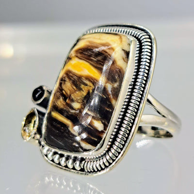 "Peanut Butter Cup" Sz 7 Ring - Petrified Palm Wood, Citrine, Onyx, Sterling