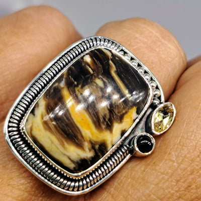 "Peanut Butter Cup" Sz 7 Ring - Petrified Palm Wood, Citrine, Onyx, Sterling