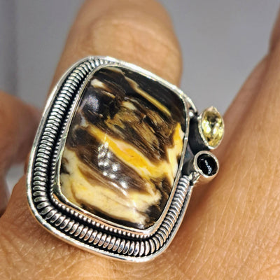 "Peanut Butter Cup" Sz 7 Ring - Petrified Palm Wood, Citrine, Onyx, Sterling