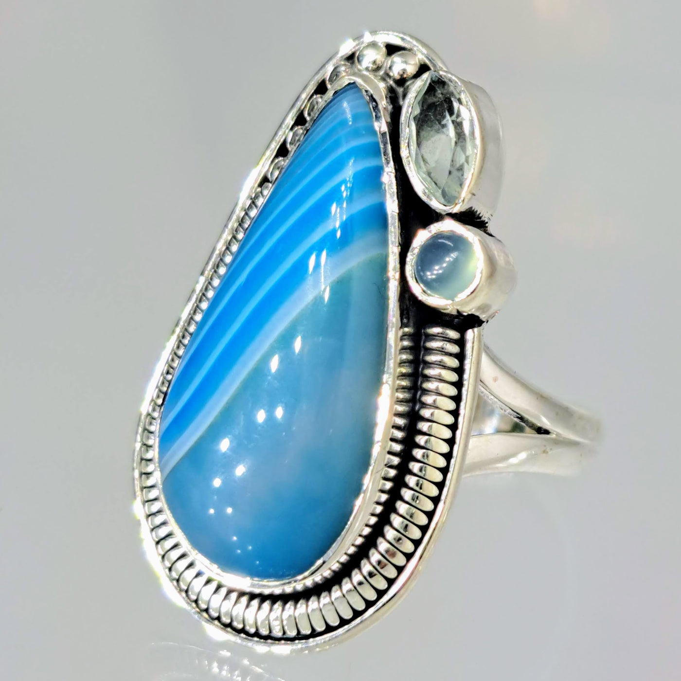 "Bluesday Afternoon" Sz 7 Ring - Agate, Topaz, Chalcedony, Sterling