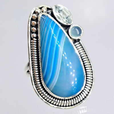 "Bluesday Afternoon" Sz 7 Ring - Agate, Topaz, Chalcedony, Sterling