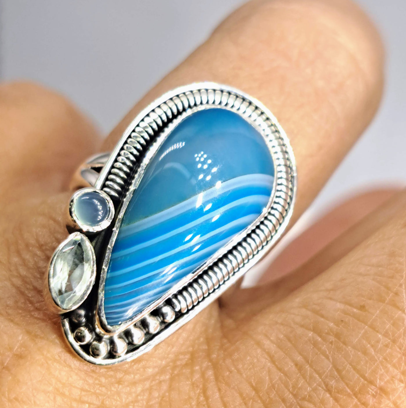 "Bluesday Afternoon" Sz 7 Ring - Agate, Topaz, Chalcedony, Sterling