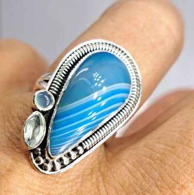 "Bluesday Afternoon" Sz 7 Ring - Agate, Topaz, Chalcedony, Sterling