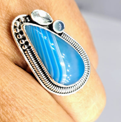 "Bluesday Afternoon" Sz 7 Ring - Agate, Topaz, Chalcedony, Sterling