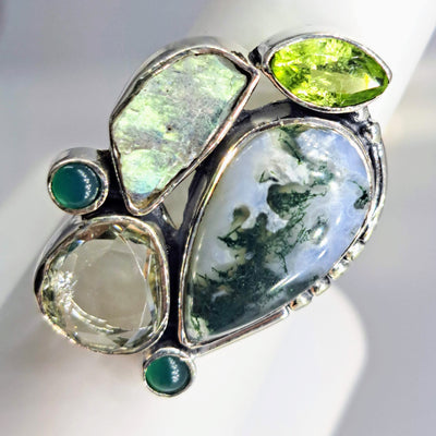 "Lizard Lips" Sz 7 Ring - Peridot, Prasiolite, Onyx, Labradorite, Agate, Sterling