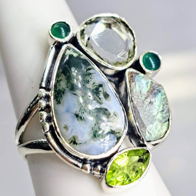 "Lizard Lips" Sz 7 Ring - Peridot, Prasiolite, Onyx, Labradorite, Agate, Sterling