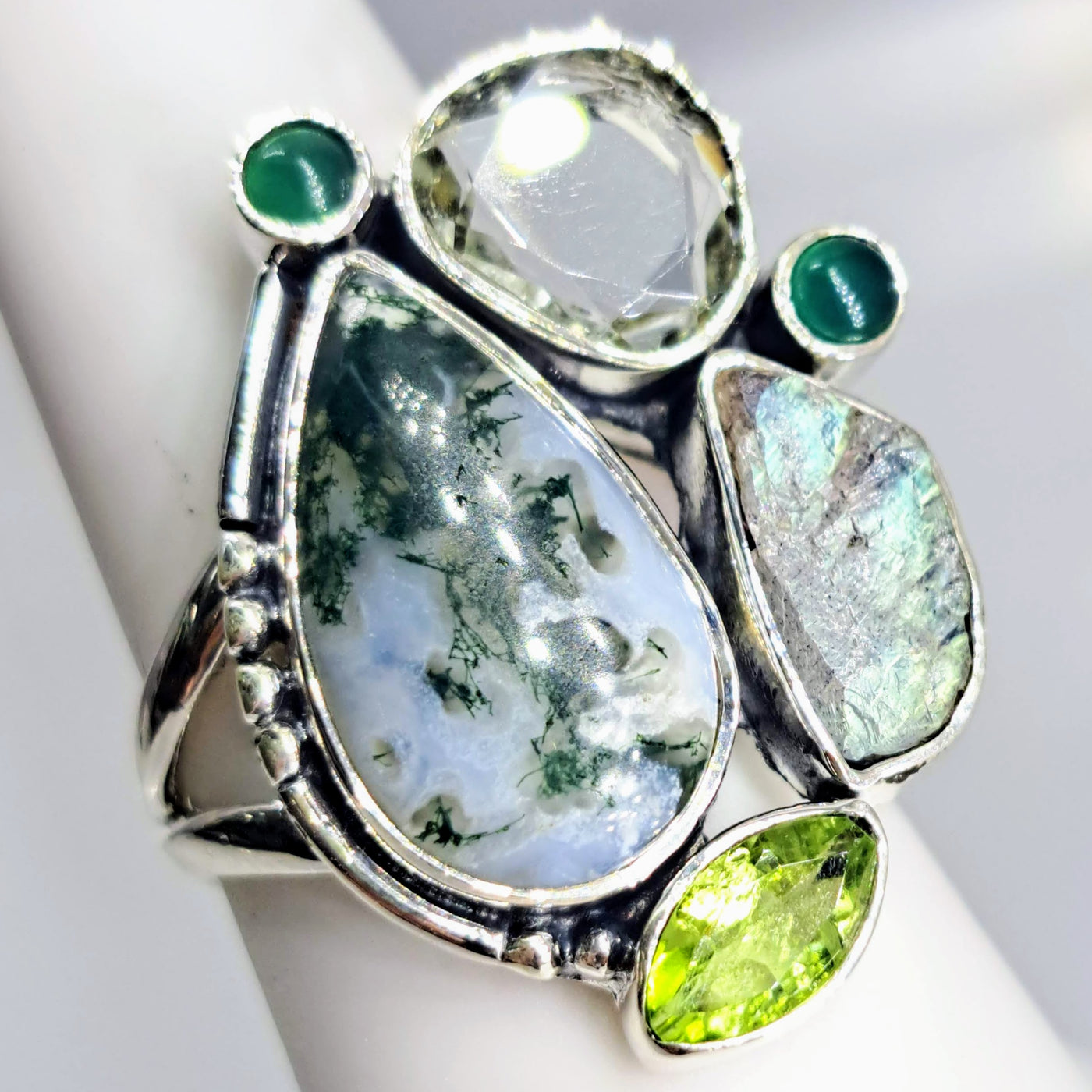 "Lizard Lips" Sz 7 Ring - Peridot, Prasiolite, Onyx, Labradorite, Agate, Sterling