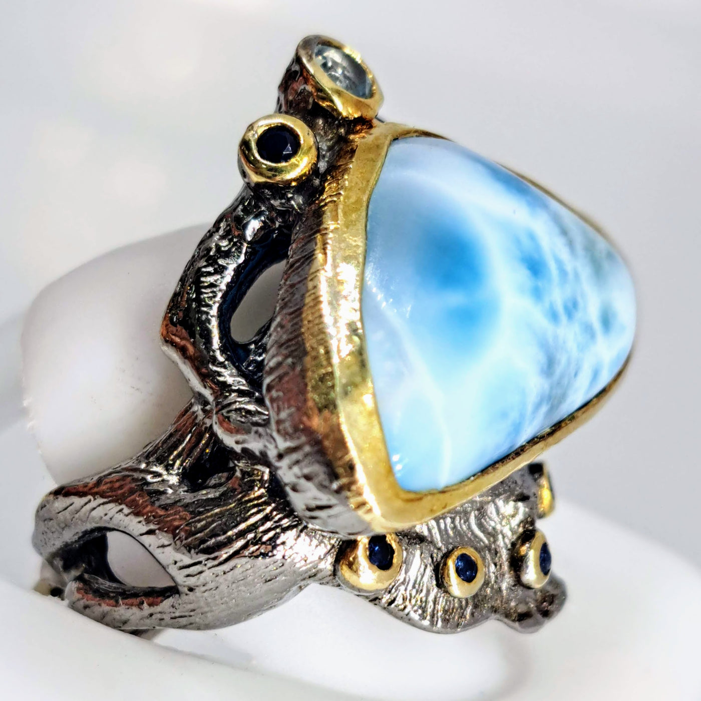 "Island Time" Sz 7 Ring - Larimar, Topaz, Sapphire, Sterling, 18k