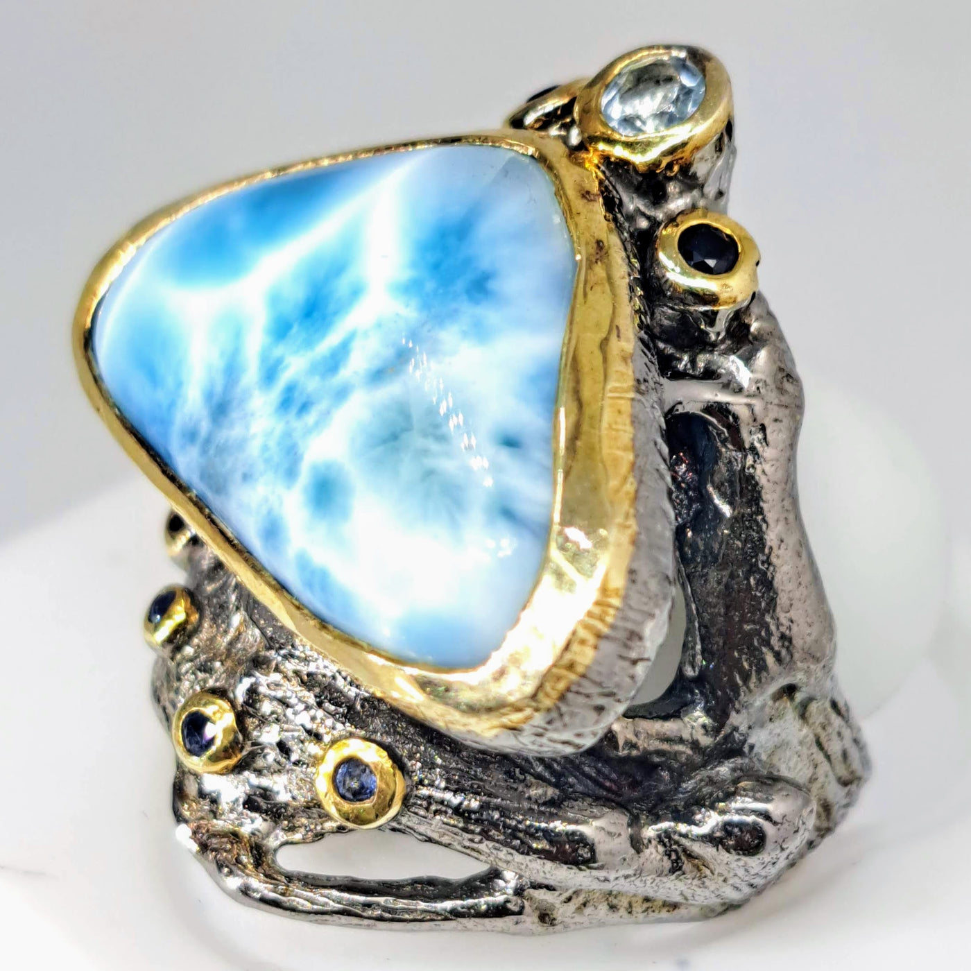 "Island Time" Sz 7 Ring - Larimar, Topaz, Sapphire, Sterling, 18k