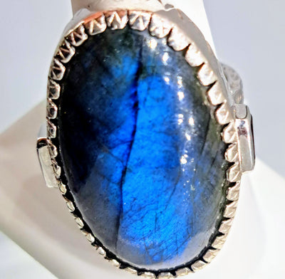 "Buena Suerte'" Sz 9 Ring - Labradorite, Garnet, Hand-forged Sterling