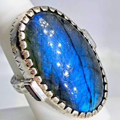 "Buena Suerte'" Sz 9 Ring - Labradorite, Garnet, Hand-forged Sterling