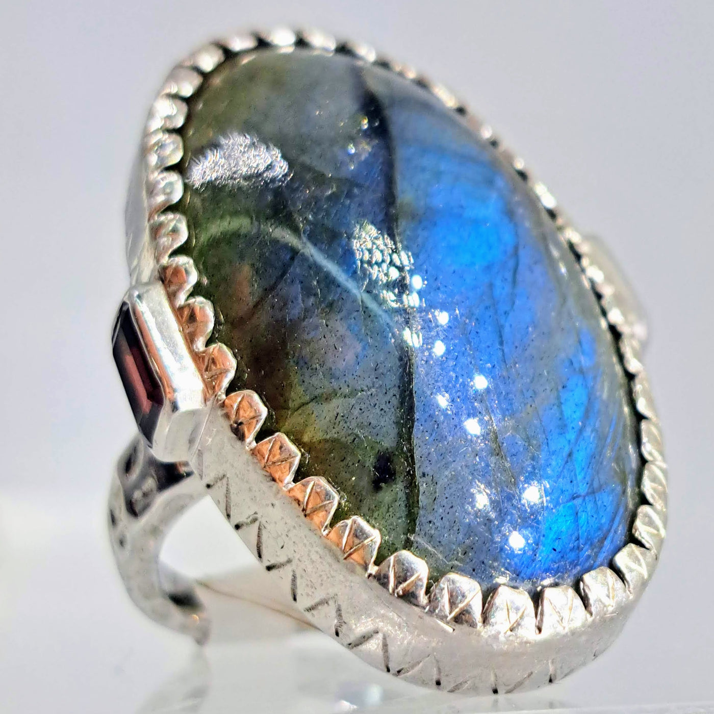 "Buena Suerte'" Sz 9 Ring - Labradorite, Garnet, Hand-forged Sterling