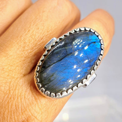 "Buena Suerte'" Sz 9 Ring - Labradorite, Garnet, Hand-forged Sterling